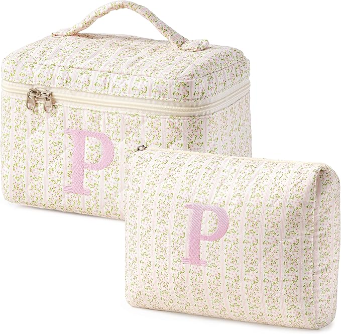HBselect 2Pcs Initial Quilted Makeup Bag, Pink Cosmetic Travel Toiletry Bag, Flowers Coquette Zipper Make Up Pouch Organizer Teen Girl Gift Trendy Stuff P