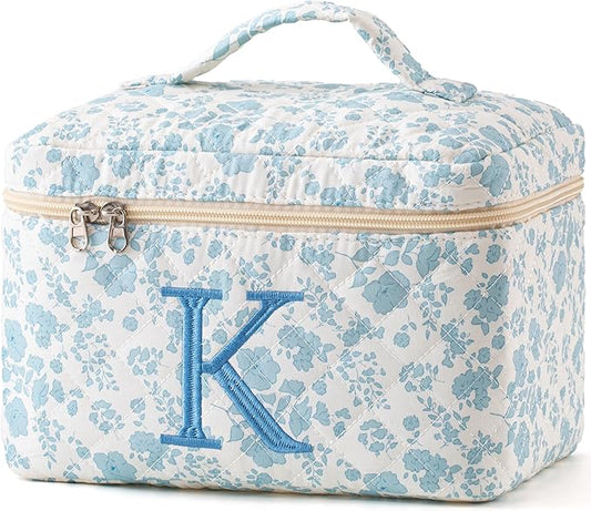 HBselect Initial Quilted Makeup Bag, Cotton Large Travel Make up Bag, Cute Floral Coquette Make up Bag Cosmetic Bag Toiletry Bag for Women Girls K