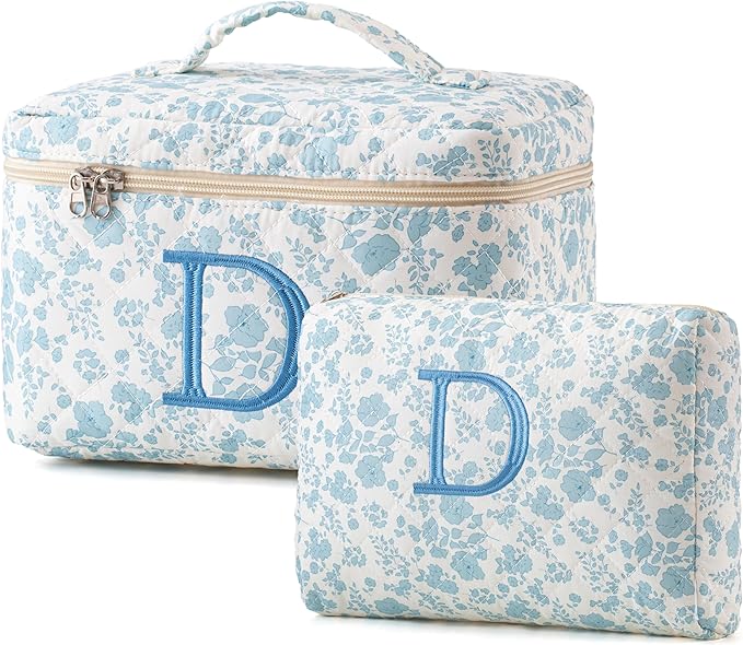 HBselect 2Pcs Initial Quilted Cotton Large Travel Cute Floral Coquette Makeup Cosmetic Toiletry Bag for Women Girls