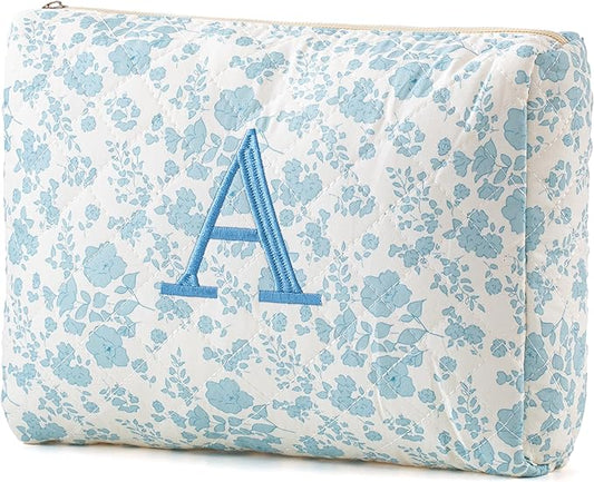 HBselect Initial Quilted Makeup Bag, Cotton Large Travel Makeup Bag, Cute Floral Coquette Make up Bag Cosmetic Bag Toiletry Bag for Women Girls A