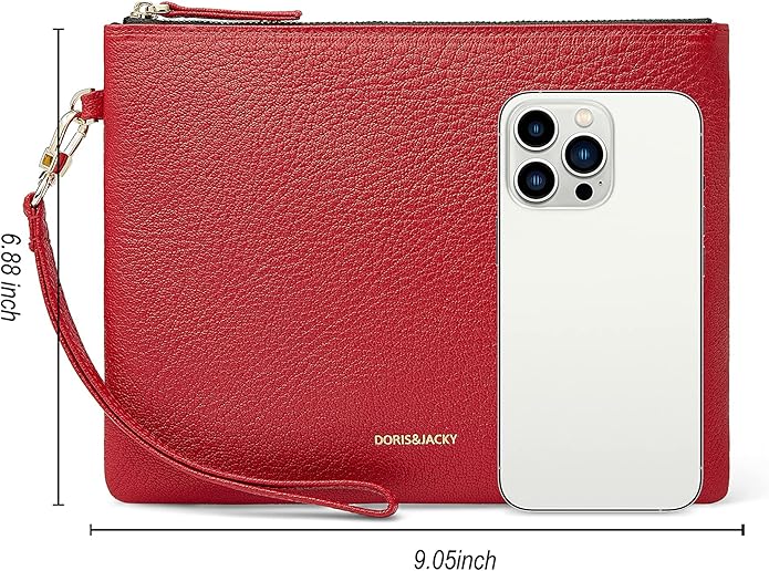 DORIS&JACKY Lambskin Leather Wristlet Clutch Purse for Women Soft Designer Slim Cell Phone Pouch Bag with Detachable Strap