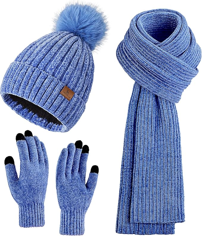 Womens Winter Beanie Hat Scarf Touchscreen Gloves Set Knit Warm Skull Caps Long Neck Scarves for Women Men