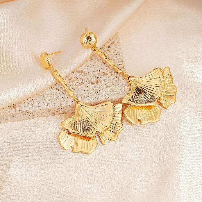 Large Gold Earrings for Women, Chunky Gold Statement Drop Dangle Earring Maple Leave Ginko Leaf Jewelry Gifts
