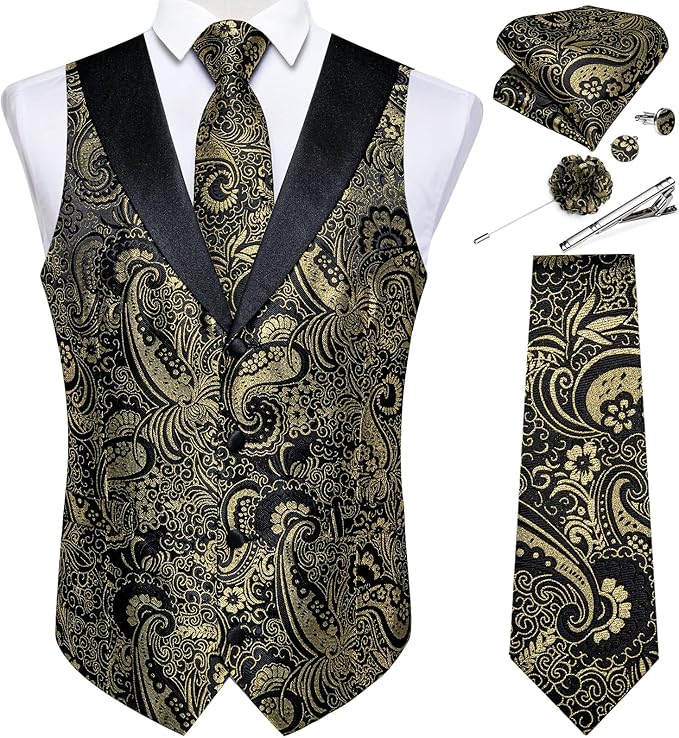 DiBanGu Mens Paisley Suit Vest Silk Jacquard Waistcoat and Necktie Set Formal Shawl Collar Dress Vest 7PCS for Wedding Party