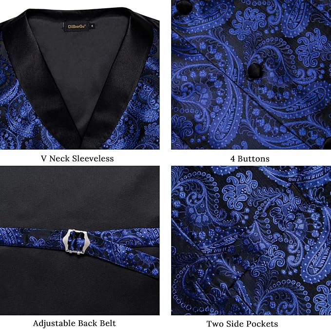 DiBanGu Mens Paisley Suit Vest Silk Jacquard Waistcoat and Necktie Set Formal Shawl Collar Dress Vest 7PCS for Wedding Party
