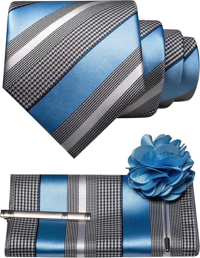 JEMYGINS Mens Striped Tie and Lapel Pin Necktie Pocket Square and Tie Clip Sets for Business Casual 4PCS