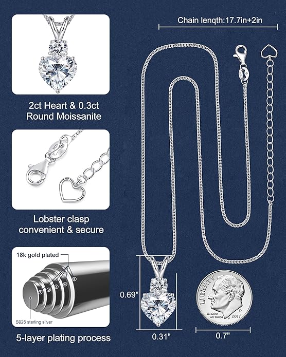 Forever Love Heart Pendant Necklaces for Women, 2-5 Carat Heartshape Moissanite Sterling Silver Pendant Jewelry, Ideal Anniversary Present or Birthday Gifts for Wife Her Girlfriend Mom Daughter