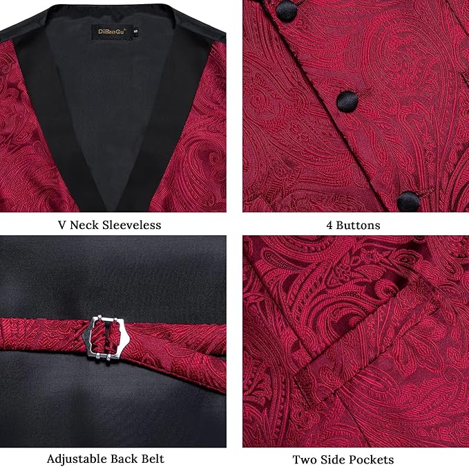 DiBanGu Mens Paisley Suit Vest Silk Jacquard Waistcoat and Necktie Set Formal Shawl Collar Dress Vest 7PCS for Wedding Party