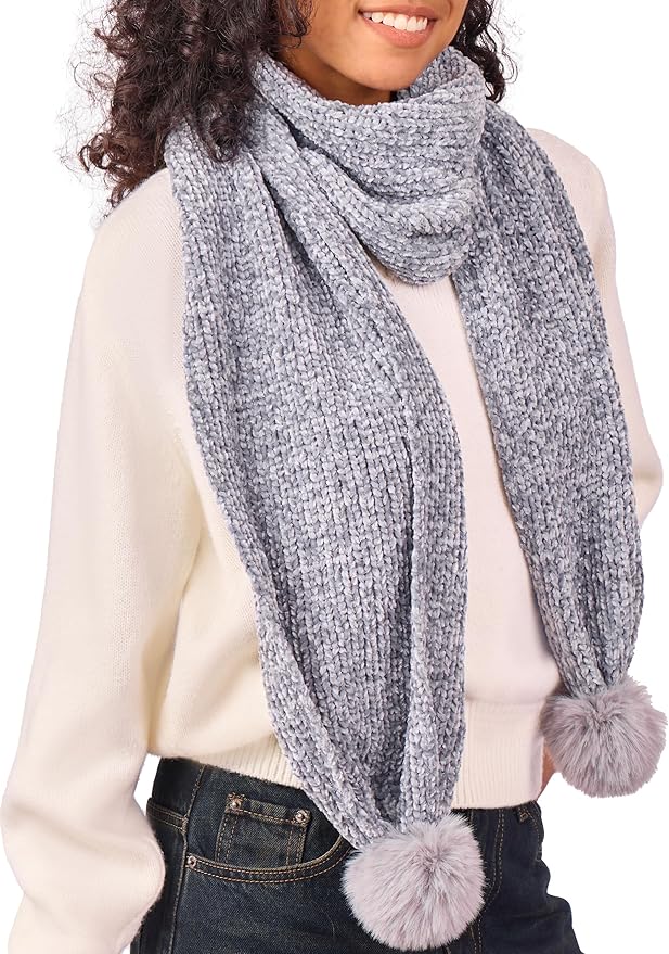 Womens Chenille Scarf with Pompom Winter Knit Warm Scarves for Cold Weather with Gift Box