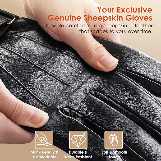 Aegend Winter Gloves Women Leather Gloves, Full Hand Touchscreen Winter Gloves Adjustable Wrist Strap for Driving&Outdoor