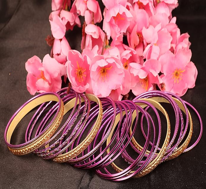 Touchstone Indian Metal Bangles for Women Gold Alloy Bracelets desi 2 Dozen Bangle Collection Bollywood Women's Jewelry Set Multi Stacking Wide Chunky Textured Golden Set of 24 in Gold or White Tone