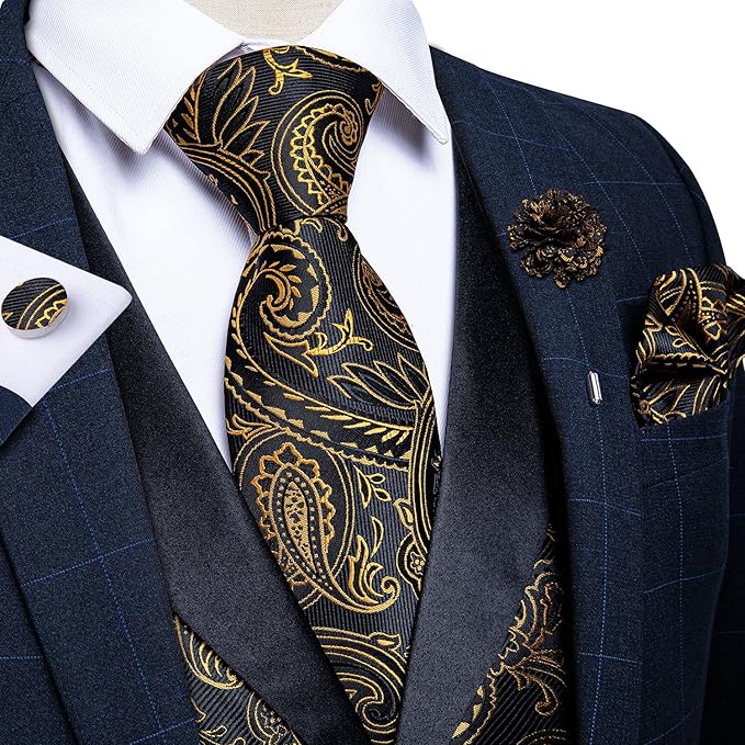 DiBanGu Mens Paisley Suit Vest Silk Jacquard Waistcoat and Necktie Set Formal Shawl Collar Dress Vest 7PCS for Wedding Party