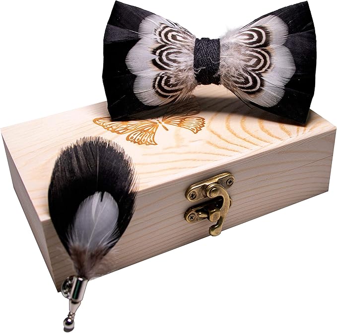 RBOCOTT Handmade Feather Pre-tied Bow tie and Brooch Sets for Men