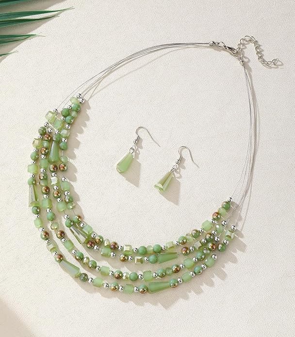 Layered Beaded Statement Necklace Multi Strand Crystal Beads Collar Necklace and Earring Sets for Women Fashion Costume Jewelry Set Gifts for Her