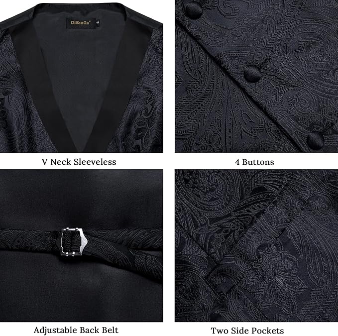 DiBanGu Mens Paisley Suit Vest Silk Jacquard Waistcoat and Necktie Set Formal Shawl Collar Dress Vest 7PCS for Wedding Party
