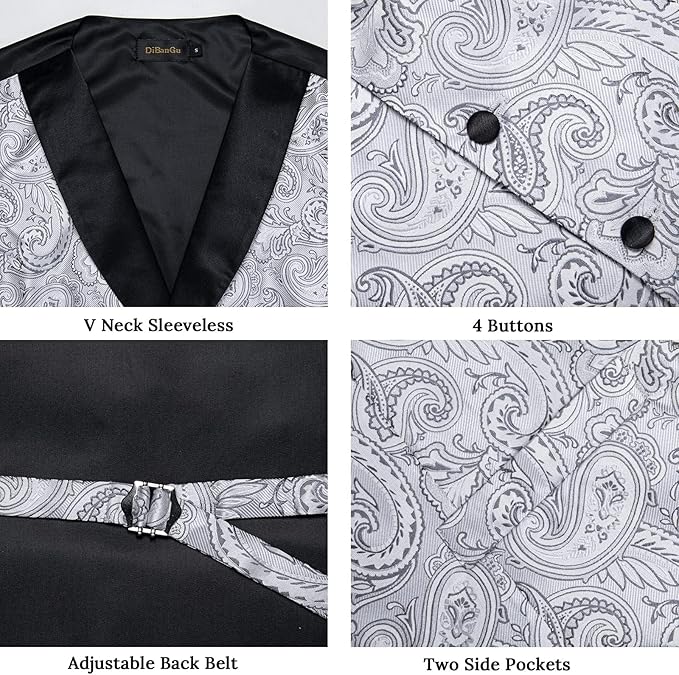 DiBanGu Mens Paisley Suit Vest Silk Jacquard Waistcoat and Necktie Set Formal Shawl Collar Dress Vest 7PCS for Wedding Party