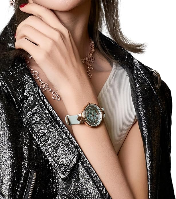 Women Watches Cherry Blossom Women's Watch Mother of Pearl Dial Ladies Watch with Leather Strap Sakura Petal Shape Cherry Blossom Watches for Women Sapphire Crystal Glass for Durability and Clarity