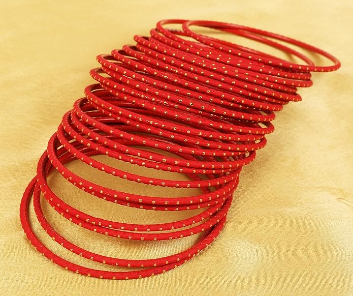 Touchstone Indian Bollywood Trending Fashion Handcrafted Beautifully Trimmed Edges Textured Golden Dots Designer Jewelry Bangle Bracelets. Set of 24 for Women.