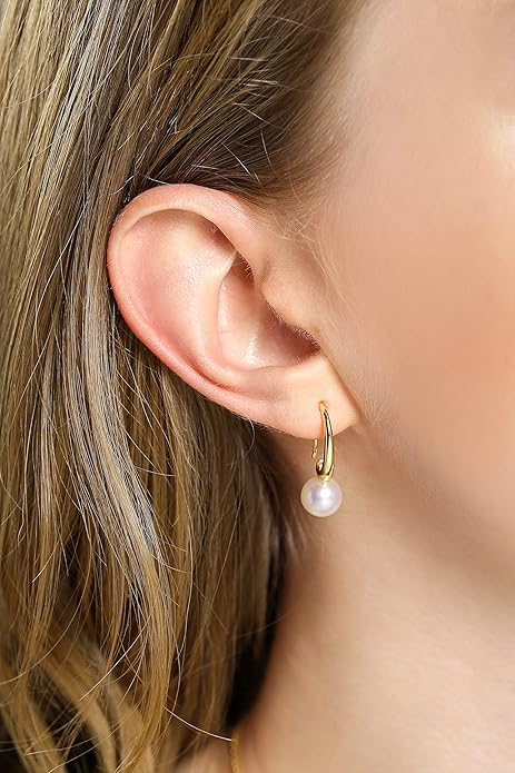 CHAULRI Minimalist Modern Sleek Cultured White Pearl Earrings 8-9mm Gold Plated Sterling Silver - Jewelry Gifts for Women