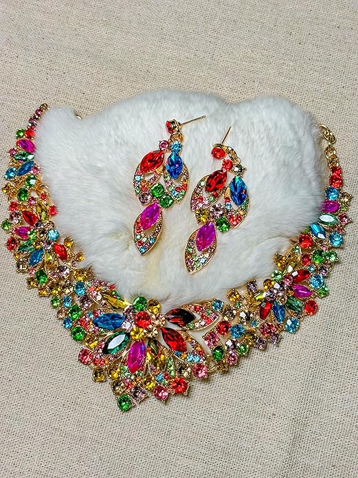 Women Jewelry Set Rhinestone Crystal Green Bride Statement Choker Necklace Teardrop Cluster Dangle Earrings Set for Wedding Party