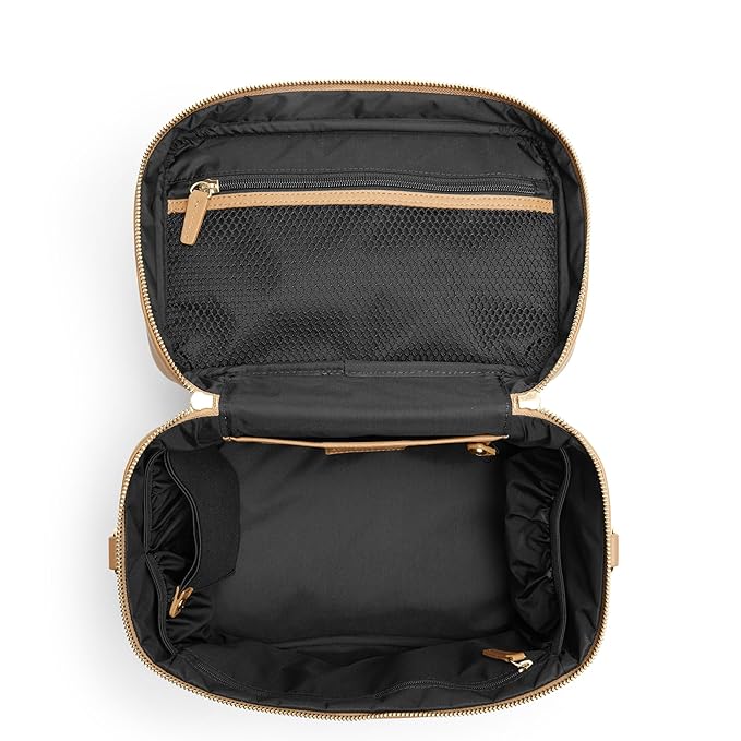 Leatherology Camel XL Train Case – Full-Grain Leather Cosmetic Organizer with Spacious Interior, Removable Dividers, Water-Resistant Lining & D-Rings for Strap