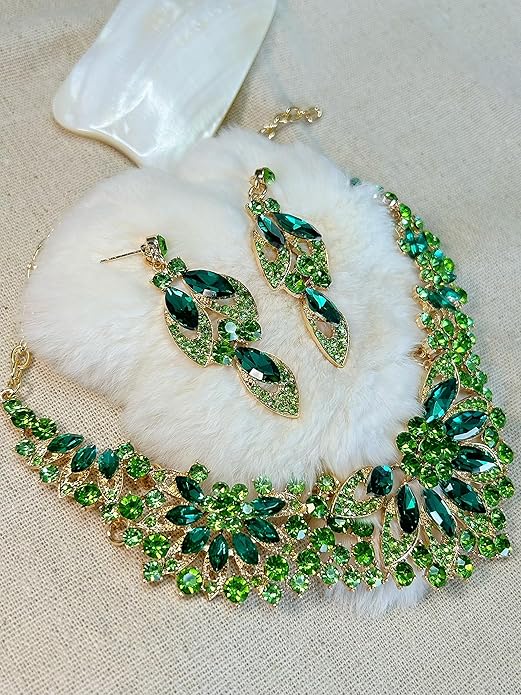 Women Jewelry Set Rhinestone Crystal Green Bride Statement Choker Necklace Teardrop Cluster Dangle Earrings Set for Wedding Party