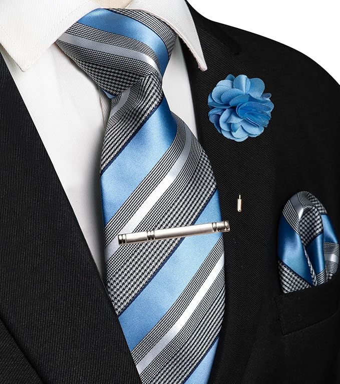 JEMYGINS Mens Striped Tie and Lapel Pin Necktie Pocket Square and Tie Clip Sets for Business Casual 4PCS