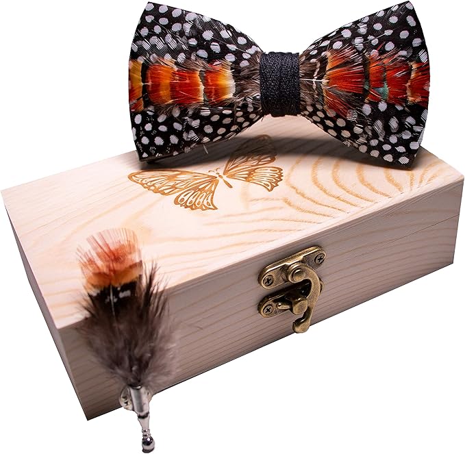 RBOCOTT Handmade Feather Pre-tied Bow tie and Brooch Sets for Men
