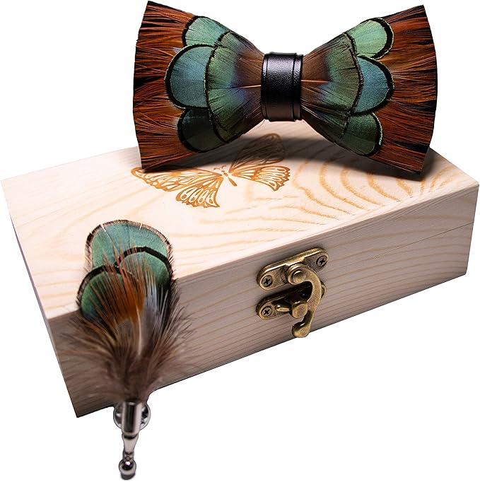 RBOCOTT Handmade Feather Pre-tied Bow tie and Brooch Sets for Men