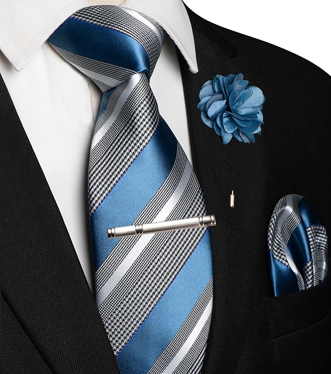 JEMYGINS Mens Striped Tie and Lapel Pin Necktie Pocket Square and Tie Clip Sets for Business Casual 4PCS