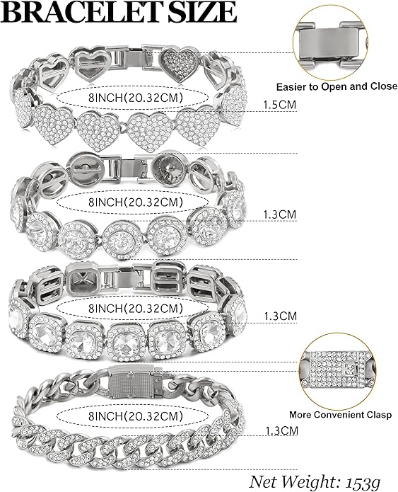 4PCS Gold Bracelets for Women Silver Clustered Tennis Bracelet for Women Heart Round Diamond Cuban Bracelet Layered Link Bracelet Set Fashion Jewelry for Women Set