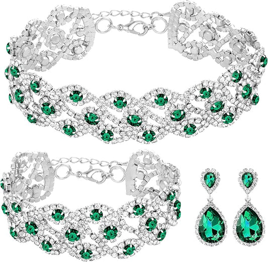 3/4 Pieces Women Jewelry Set Artificial Rhinestone Crystal Bride Statement Choker Necklace Tiara Crown Link Bangle Bracelet Teardrop Dangle Earrings Set