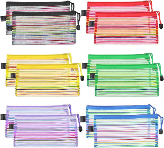 Bememo 12 Pieces 6 Colors Zipper Mesh Pouch Multipurpose Travel Bag for Cosmetics Offices Supplies Travel Accessories