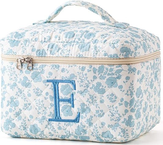 HBselect Initial Quilted Makeup Bag, Cotton Large Travel Make up Bag, Cute Floral Coquette Make up Bag Cosmetic Bag Toiletry Bag for Women Girls E