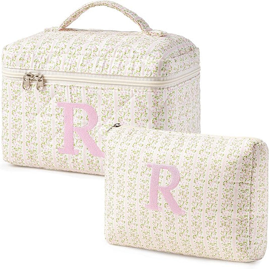 HBselect 2Pcs Initial Quilted Makeup Bag, Pink Cosmetic Travel Toiletry Bag, Flowers Coquette Zipper Make Up Pouch Organizer Teen Girl Gift Trendy Stuff R