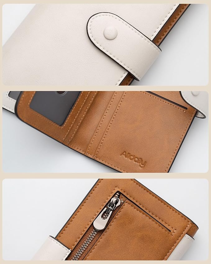 RFID Blocking Leather Wallet for Women, Slim Trifold with 14 Card Slots and Zipper Pocket (White&Brown)