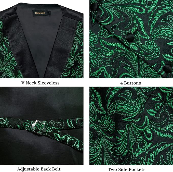 DiBanGu Mens Paisley Suit Vest Silk Jacquard Waistcoat and Necktie Set Formal Shawl Collar Dress Vest 7PCS for Wedding Party