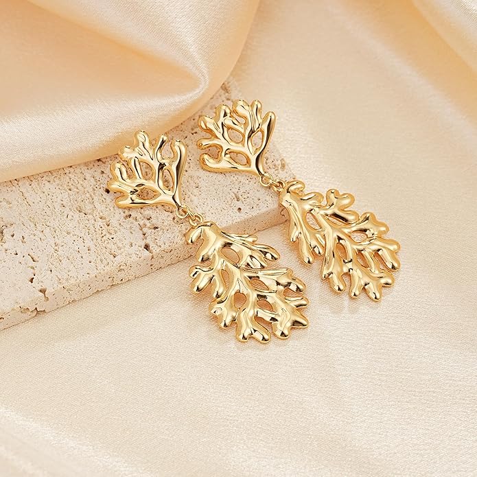 Large Gold Earrings for Women, Chunky Gold Statement Drop Dangle Earring Maple Leave Ginko Leaf Jewelry Gifts