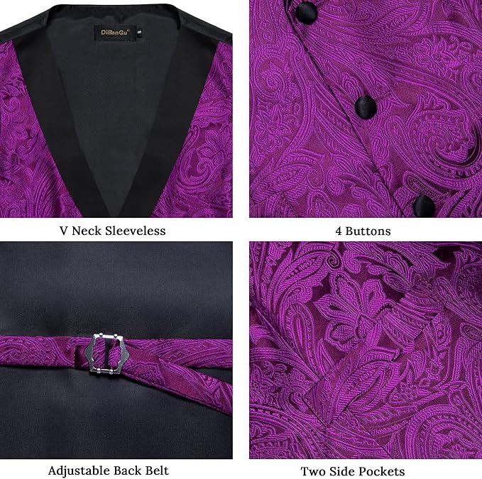 DiBanGu Mens Paisley Suit Vest Silk Jacquard Waistcoat and Necktie Set Formal Shawl Collar Dress Vest 7PCS for Wedding Party