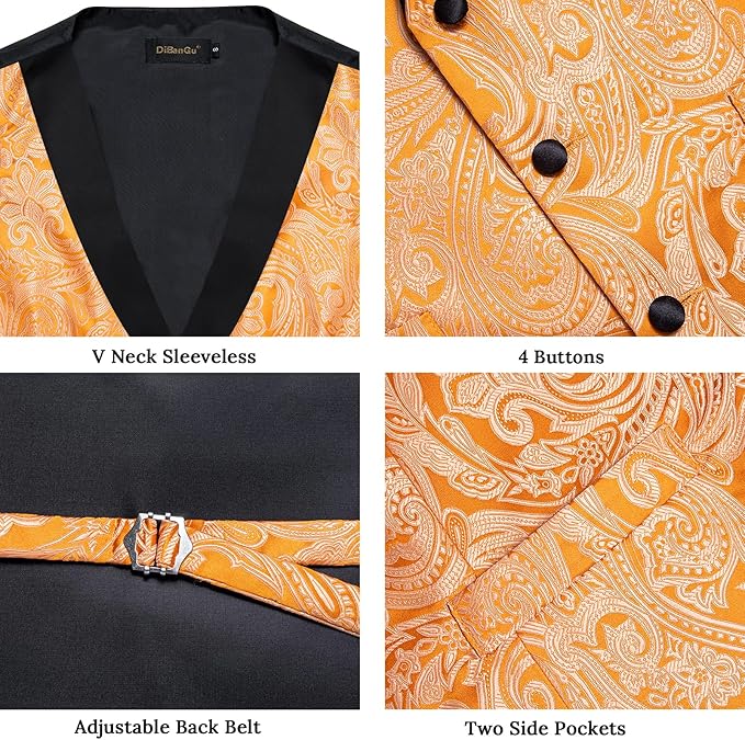 DiBanGu Mens Paisley Suit Vest Silk Jacquard Waistcoat and Necktie Set Formal Shawl Collar Dress Vest 7PCS for Wedding Party