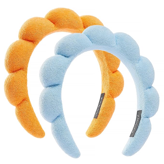 Spa Headbands, Set of 2 - Terry Cloth Face Wash Headband Combo Pack - Puffy Makeup Headbands for Face Washing, Mask (blue+orange)