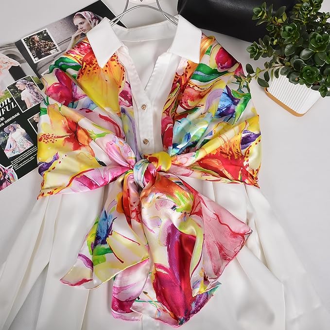 100% Mulberry Silk Scarf for Women Neck Oblong Headscarves Long Floral Print Lightweight Silk Wraps Shawls 67"*20"