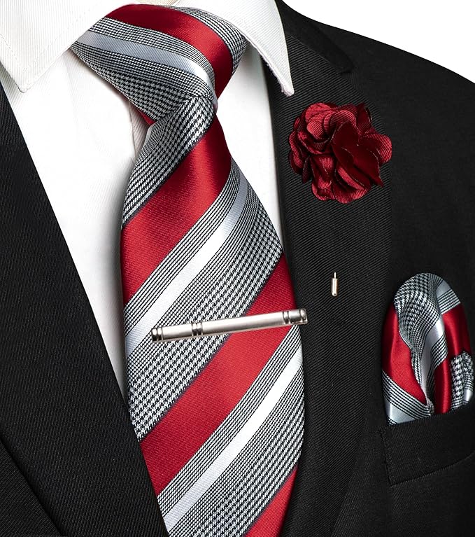 JEMYGINS Mens Striped Tie and Lapel Pin Necktie Pocket Square and Tie Clip Sets for Business Casual 4PCS