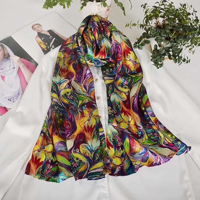 100% Mulberry Silk Scarf for Women Neck Oblong Headscarves Long Floral Print Lightweight Silk Wraps Shawls 67"*20"