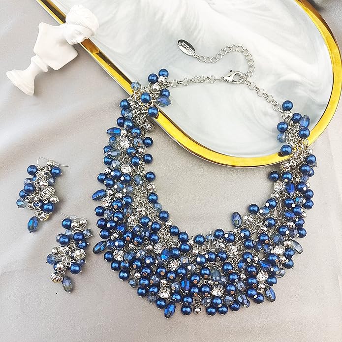 Bocar Fashion Crystal Chunky Collar Statement Necklace Earring Set for Women Gift (NK-10260)