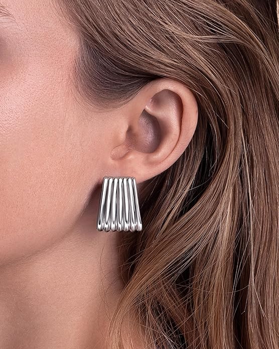 18K gold plated Chunky Statement Earrings for Women by SNGIA, Small Handmade Trendy Stud Ribbed Jewelry Gifts, Rectangle Huggies Fashion Button Accessories, Vintage Thick Square Nickle Free Huggie Earring.