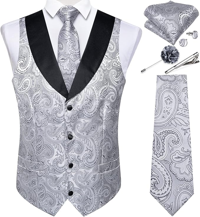 DiBanGu Mens Paisley Suit Vest Silk Jacquard Waistcoat and Necktie Set Formal Shawl Collar Dress Vest 7PCS for Wedding Party