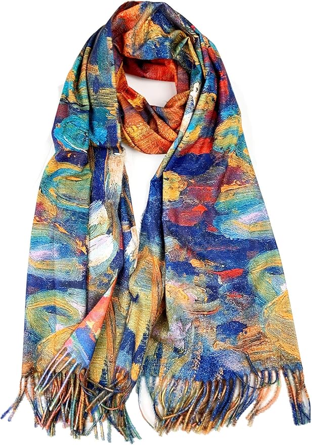 Plum Feathers Super Soft Cashmere Feel Double Sided Reversible Art Shawl Scarf Van Gogh Monet Klimt Inspired
