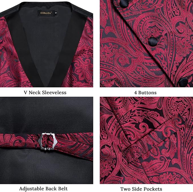 DiBanGu Mens Paisley Suit Vest Silk Jacquard Waistcoat and Necktie Set Formal Shawl Collar Dress Vest 7PCS for Wedding Party