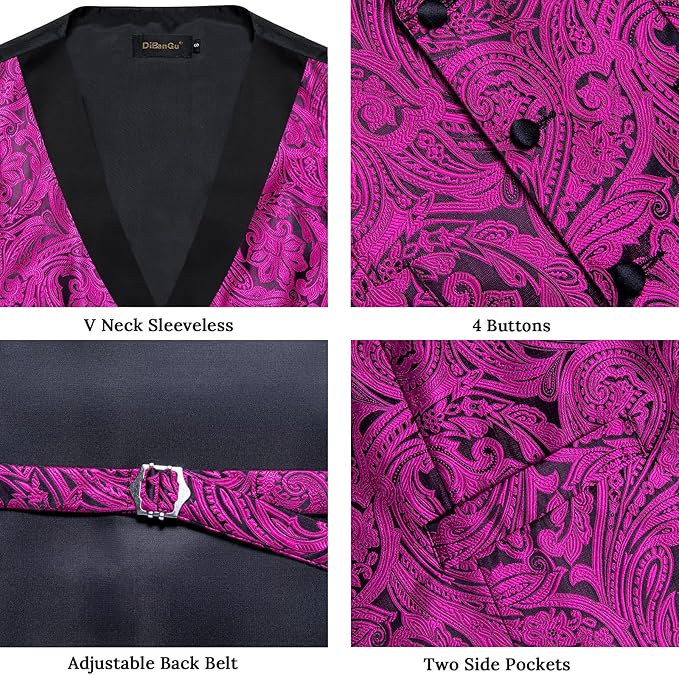 DiBanGu Mens Paisley Suit Vest Silk Jacquard Waistcoat and Necktie Set Formal Shawl Collar Dress Vest 7PCS for Wedding Party
